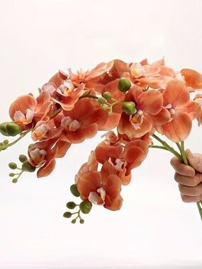 💐 Orange Coral Artificial Faux Orchid Stem Bouquet - 4 pieces 💐